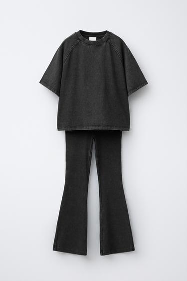 WASHED EFFECT HEAVYWEIGHT T-SHIRT AND FLARE RIB LEGGINGS SET - Black by Zara