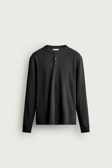 LINEN - COTTON HENLEY T-SHIRT - Dark anthracite by Zara