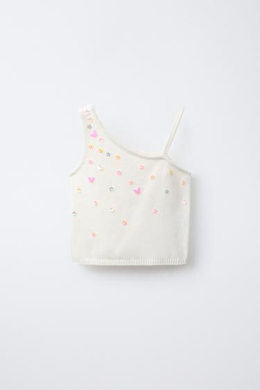 BEADED ASYMMETRIC KNIT TOP - Ecru by Zara