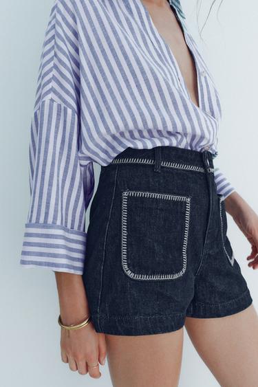 Z1975 HIGH-WAIST DENIM SHORTS WITH TOPSTITCHING - Blue by Zara