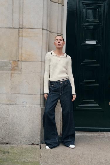 CABLE KNIT POLO NECK JUMPER - Ecru / Navy by Zara - Image 0