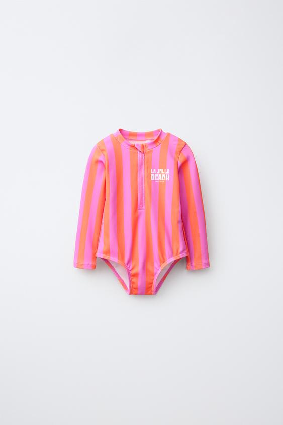 1-6 YEARS / STRIPED SWIMSUIT WITH SLOGAN - Neon orange by Zara - Image 0