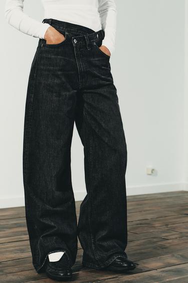 TRF WIDE-LEG CROSSED WAIST HIGH-WAIST JEANS - Black by Zara