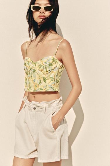 PRINTED LINEN BLEND CROP TOP - yellow by Zara