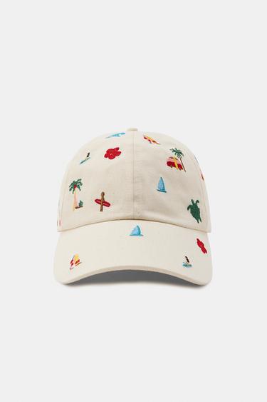 100% COTTON EMBROIDERED SUMMER CAP - Ecru by Zara