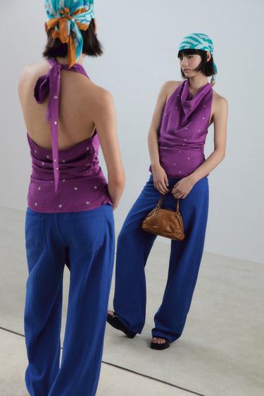 EYELET AND RHINESTONE HALTER TOP - Purple by Zara