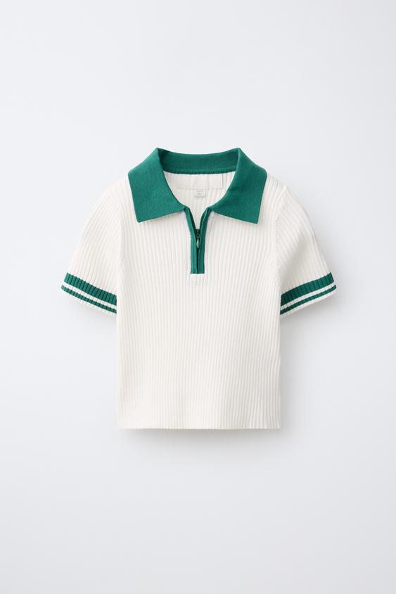 RIBBED CONTRAST ZIP POLO SHIRT - Mid-green by Zara - Image 0