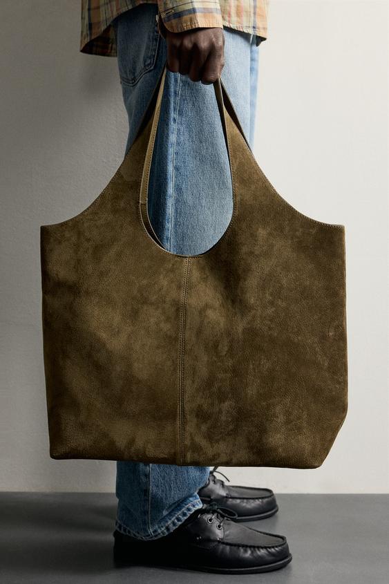 LEATHER TOTE BAG - Khaki Green by Zara - Image 0