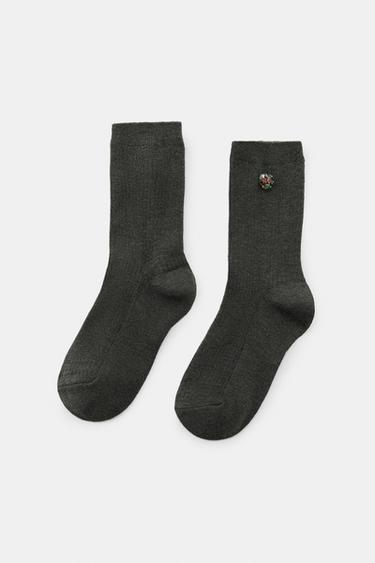 PLAIN SOCKS WITH CRYSTAL FLOWER - Khaki by Zara