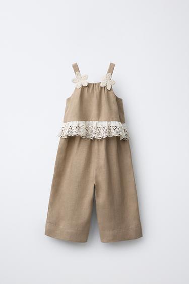 FLORAL LACE LINEN JUMPSUIT - Mink by Zara