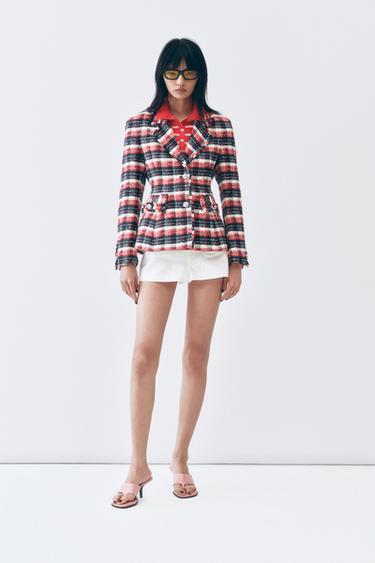 ZW COLLECTION CHECK PEPLUM BLAZER - Red by Zara