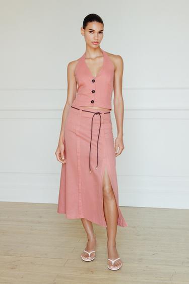 LINEN BLEND MIDI SKIRT WITH BELT - MARSALA by Zara
