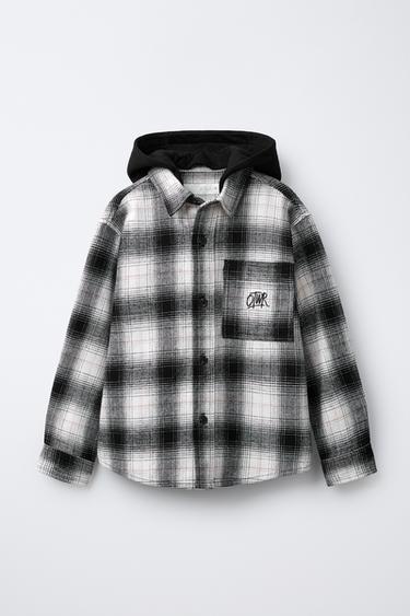 CHECK OVERSHIRT WITH DETACHABLE FAUX FUR HOOD - Black by Zara