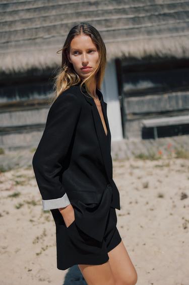 LINEN BLAZER WITH PRINTED CUFFS - Black by Zara