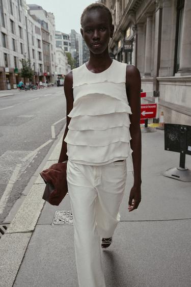 SATIN TOP WITH RUFFLES - Ecru by Zara