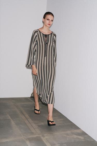 STRIPED KNIT DRESS WITH LINEN - Ecru / Black by Zara