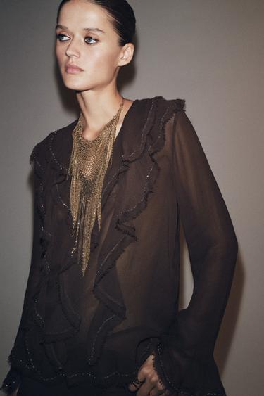 ZW COLLECTION BEADED RUFFLED BLOUSE - Brown by Zara