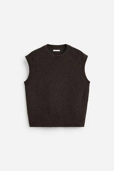 KNITTED WOOL VEST - Brown by Zara