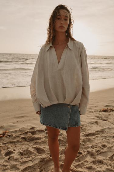 LINEN BLEND SHIRT WITH PUFF HEM - Light beige by Zara