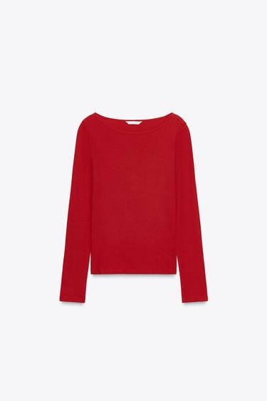 COTTON BOAT NECK T-SHIRT - Red by Zara