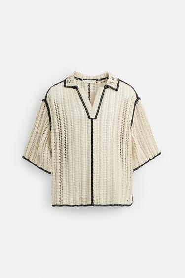 CROCHET TEXTURED POLO SHIRT - Black / White by Zara