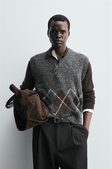 ARGYLE JACQUARD KNIT VEST - Grey marl by Zara