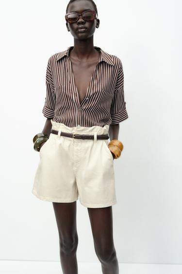 CROPPED LINEN BLEND SHIRT - Brown / Ecru by Zara