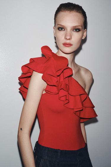 ASYMMETRIC CONTRAST RUFFLE BODYSUIT - Red by Zara