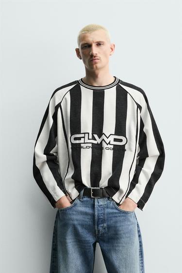 TEXTURED STRIPE JACQUARD T-SHIRT - Black / White by Zara