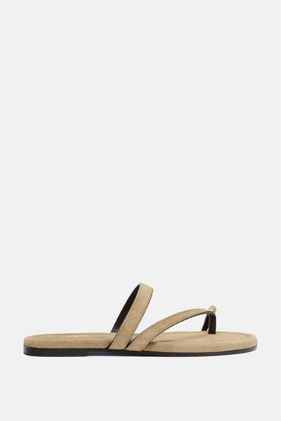 APPLIQUÉ SPLIT SUEDE FLAT SANDALS - Sand Brown by Zara - Image 0