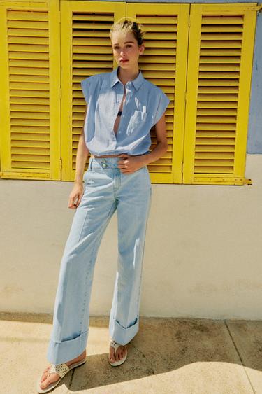 BALLOON CROPPED SHIRT - Blue/White by Zara