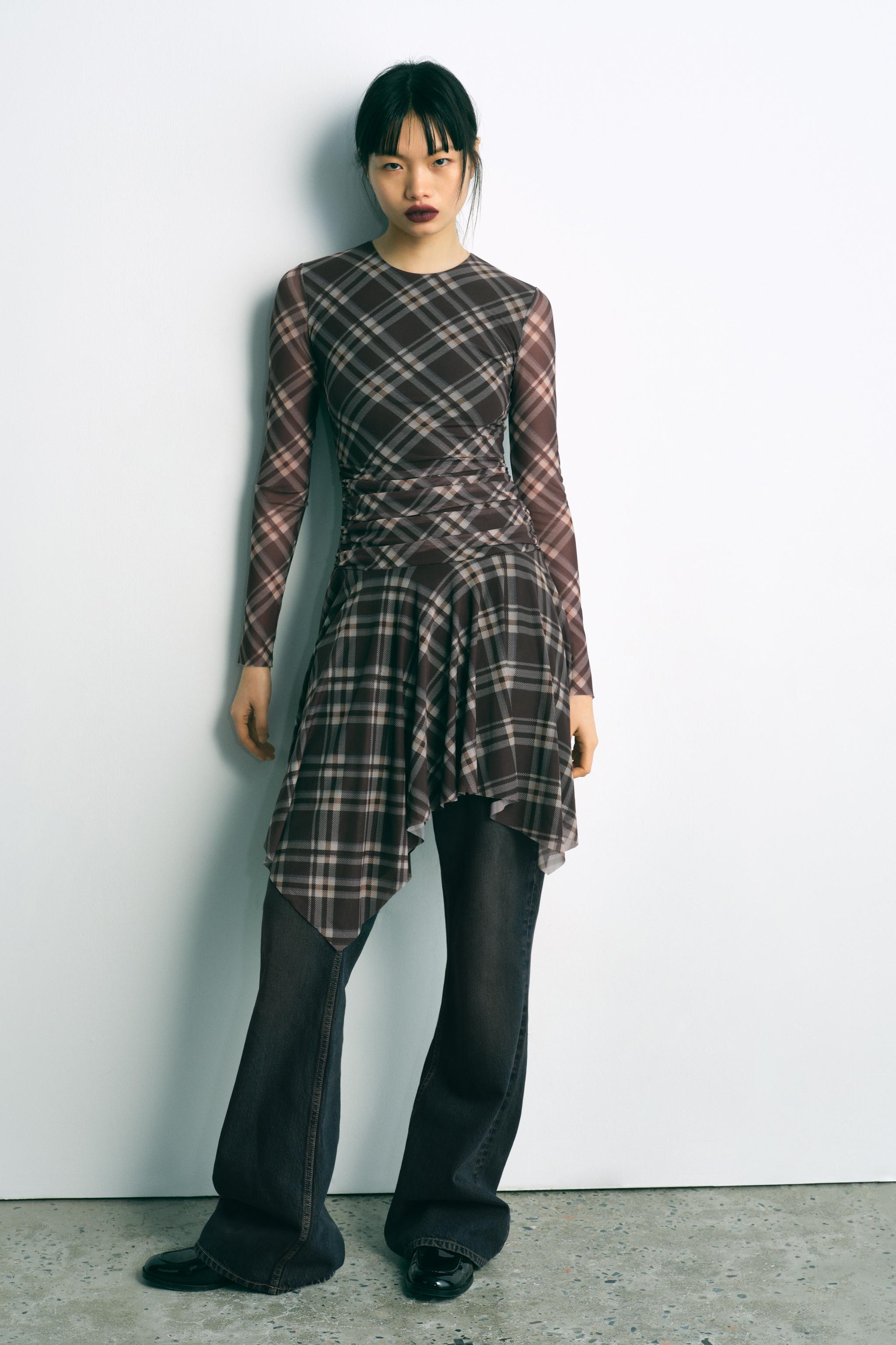 【メーカー再生品】 格子褶皱绢网连衣裙- ZARA 卡其色| ジャケット・アウター