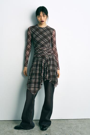 CHECKED TULLE DRAPED DRESS - Khaki by Zara - Image 0
