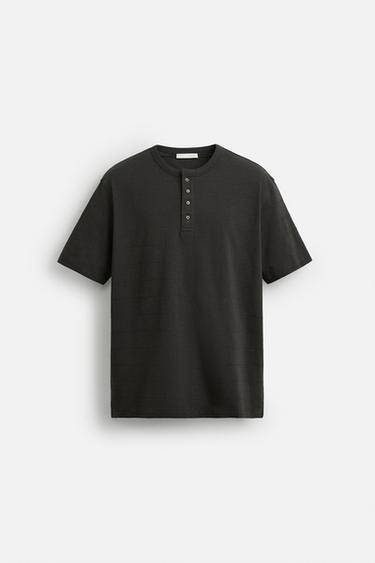 STRIPED GRANDAD COLLAR T-SHIRT - Khaki by Zara