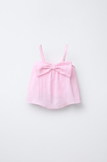 100% LINEN TOP WITH BOW - Pink by Zara