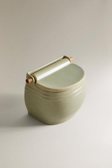 STONEWARE SALT CELLAR WITH LID - GREENISH by Zara