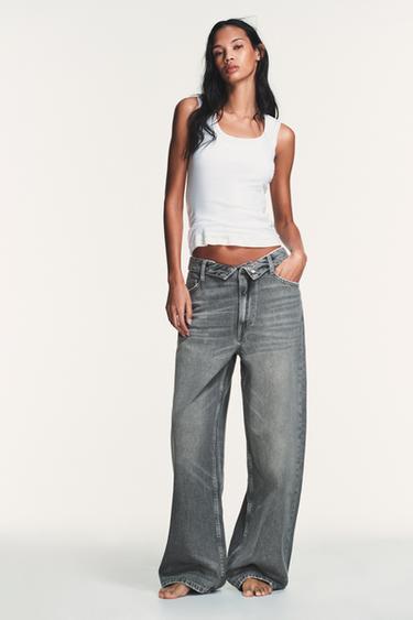 JEANS WITH FOLDED WAISTBAND TRF MID-WAIST - Grey by Zara