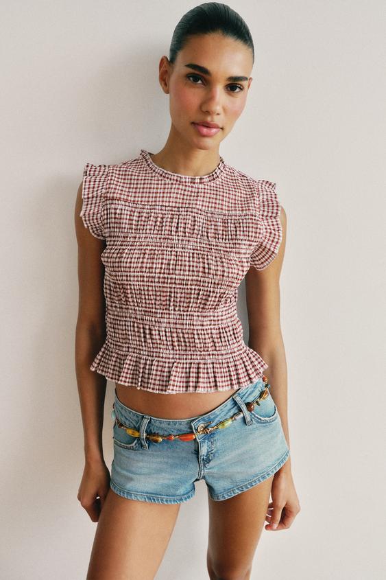GINGHAM SMOCKED TOP - Ecru / Maroon by Zara - Image 0