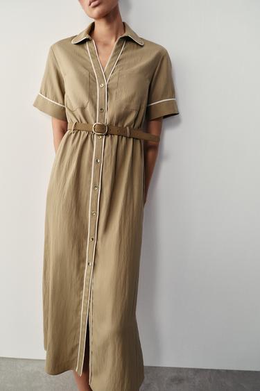 MIDI DRESS WITH CONTRAST TRIMS AND BELT - Dark camel by Zara