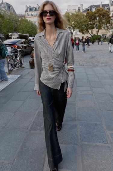 STRIPED WRAP SHIRT WITH BOW - Grey marl by Zara