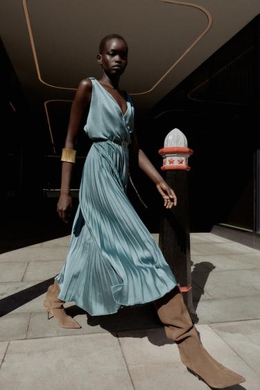 PLEATED MIDI DRESS WITH BELT - Blue / Steel by Zara