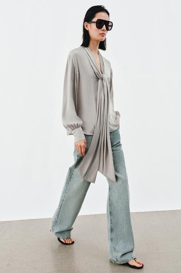 V-NECK BLOUSE WITH BOW ZW COLLECTION - Pearl grey by Zara