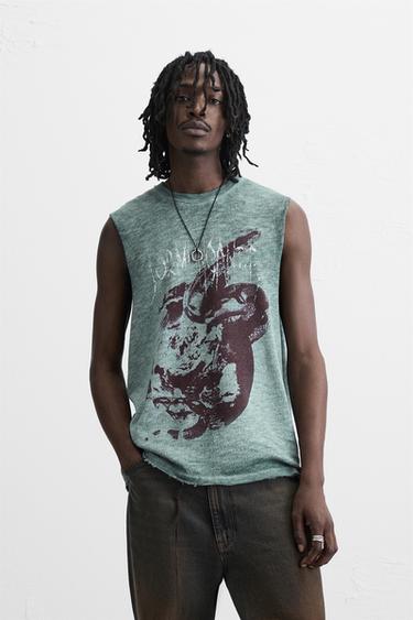 WASHED PRINT KNIT T-SHIRT - Blue / Grey by Zara