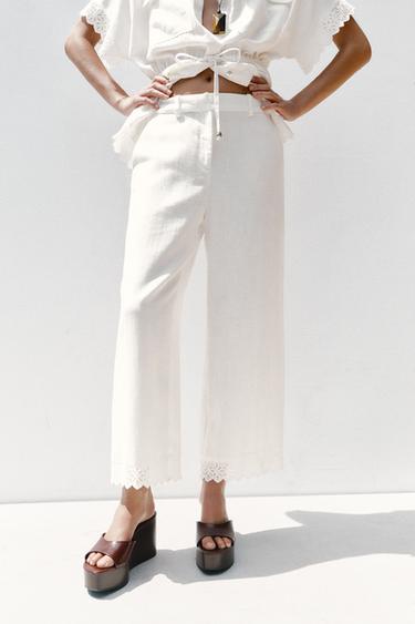 RAMIE TROUSERS WITH LACE TRIM - Oyster-white by Zara - Image 0