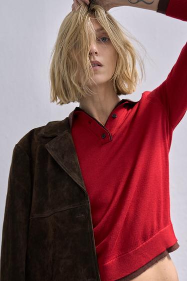 CONTRAST KNIT POLO JUMPER - Red by Zara