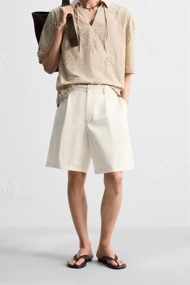 COTTON-LINEN PLEATED BERMUDA SHORTS - White by Zara
