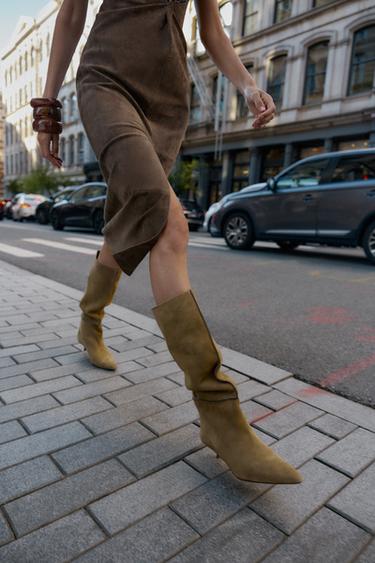 STITCHED SPLIT SUEDE BOOTS - Khaki Green by Zara