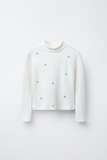 RIBBED TURTLENECK T-SHIRT WITH STUDS - Ecru by Zara