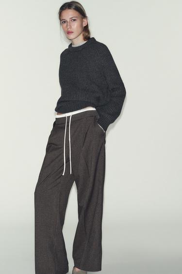 HOUNDSTOOTH WIDE-LEG TROUSERS WITH DOUBLE WAISTBAND - Dark brown by Zara