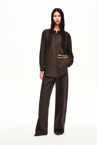 STRIPED SHIRT WITH BUCKLES - Brown / Ecru by Zara